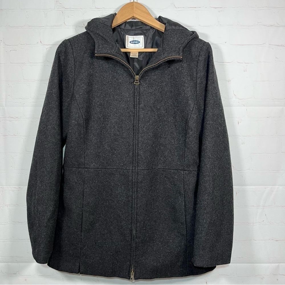 Vintage Old Navy Hooded Wool Jacket Womens Size Medium Black Full Zip Y2K